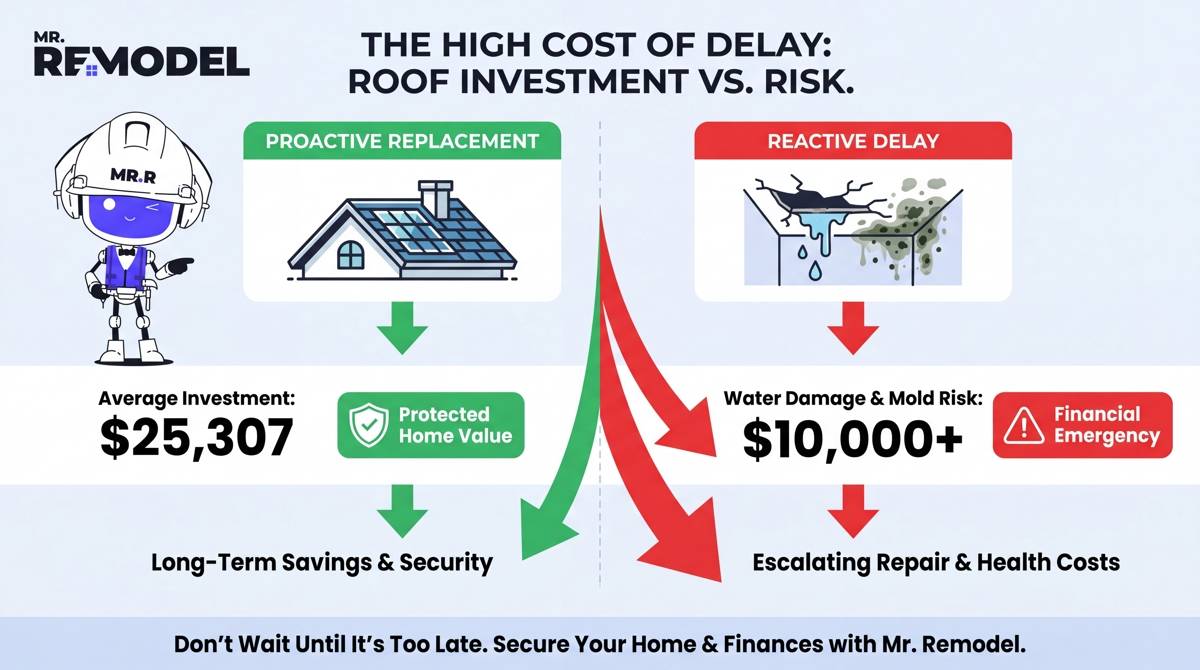 A financial infographic comparing the predictable cost of a proactive roof replacement investment ($25,307) against the catastrophic and compounding costs of a delayed replacement (over $10,000 in water damage and mold).